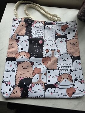 Cute Pets Canvas Tote Bag in White, Black & Tan - Unbranded